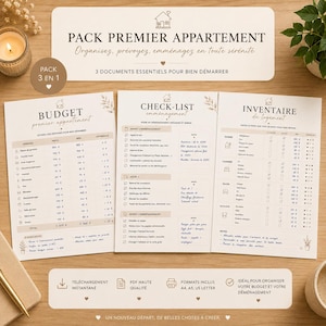 Könnte beinhalten: Ein Set aus drei gedruckten Dokumenten mit dem Titel PACK PREMIER APPARTEMENT, bestehend aus einem Budgetplaner, einer Umzugs-Checkliste und einer Inventarliste. Die Seiten zeigen schwarzen Text, Liniensymbole und Tabellen auf beigem Hintergrund.