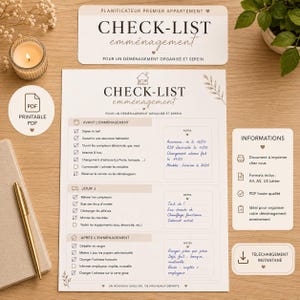 Puede incluir: Un documento de lista de verificación de mudanza imprimible con secciones para antes, durante y después de la mudanza, con notas escritas a mano en tinta azul. La página incluye el texto CHECK-LIST emménagement y una lista de tareas.