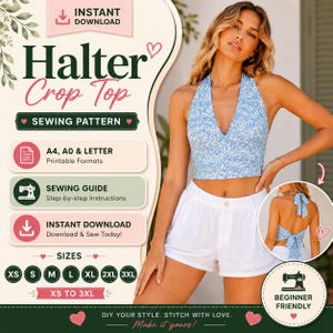 Könnte beinhalten: Ein digitales Schnittmuster für ein blau-weißes florales Neckholder-Crop-Top. Die Grafik enthält den Text: Halter Crop Top, Sewing Pattern, A4, A0 & Letter, Sewing Guide, Instant Download, Sizes XS to 3XL und Beginner Friendly.