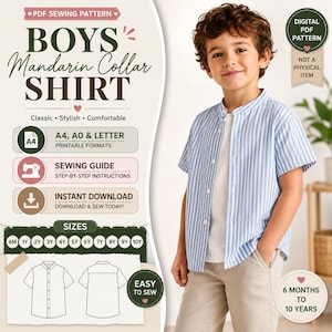 Boys Mandarin Collar Shirt Sewing Pattern, Kids PDF Pattern, Short Sleeve Button Up, 6 Months to 10 Years, Instant Download