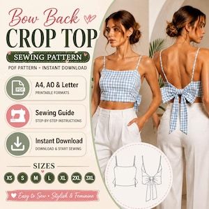 Könnte beinhalten: Ein Schnittmuster für ein bauchfreies Oberteil mit Schleifenrücken mit dem Text Bow Back CROP TOP SEWING PATTERN, PDF PATTERN, INSTANT DOWNLOAD, A4, A0 & Letter, Sewing Guide und den Größen XS bis 3XL. Das Bild zeigt ein blau-weiß kariertes Top.