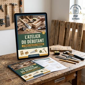 Peut inclure: Une tablette numérique et un livret imprimé intitulés L'ATELIER DU DÉBUTANT 12 PROJETS EN BOIS À FABRIQUER, présentant des outils et projets de menuiserie. La couverture affiche du texte, des illustrations d'outils et une icône PDF 32 PAGES.