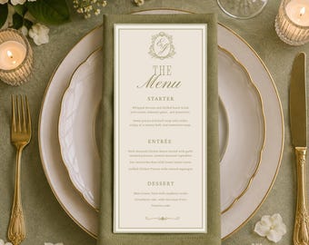 Sage Green Wedding Menu Template | Editable Canva Menu Card | Elegant Double-Sided Menu,  Modern Reception Decor, 4x9, SG01 Instant download