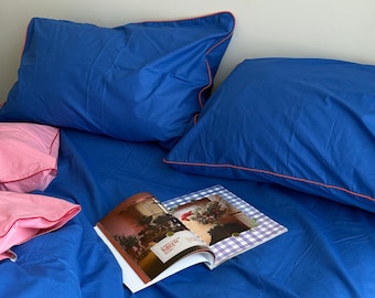Blue Cotton Duvet Cover Set with Orange Piping, Custom Monogram Pillowcases, Twin Queen King, Personalized Bedding, Gift