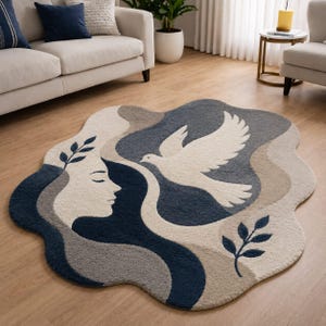 Abstrakter handgetufteter Teppich mit Taubenmotiv, marineblau-cremefarbener, unregelmäßig geformter Wollteppich, modernes Boho-minimalistisches Dekor, 7x10