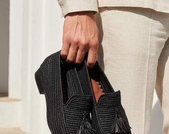 Handwoven Black Raffia Tassel Loafers Men | Moroccan Artisan Shoes | Luxury Summer Loafers |