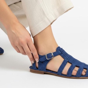 Fisherman Flats | Beach Summer Gift ( Handwoven Royal Blue Raffia Cage Sandals Women | Moroccan Artisan Slingback | Boho