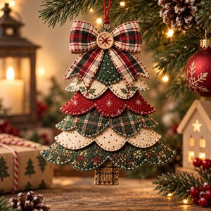 Peut inclure: Une décoration de sapin de Noël suspendue composée de couches de tissu festonnées alternant des motifs rouges, verts et crème. L'arbre est surmonté d'un nœud en tissu écossais avec un petit bouton en bois orné d'un flocon de neige.