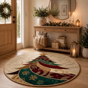 May include: A round quilted rug featuring a stylized Christmas tree design in shades of deep green, burgundy, and gold. The tree is adorned with intricate gold snowflake patterns and swirling textures, set against a cream-colored background.