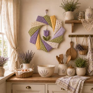 May include: A fabric wall hanging featuring a circular quilt pattern made of purple, green, and yellow floral and gingham patches, with a central purple tulip applique. The piece is suspended by a small cord against a light-colored wall.