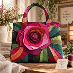 May include: A patchwork handbag featuring a large, multi-layered fabric rose in shades of pink, magenta, and orange. The bag is constructed from various fabric panels in green, orange, and pink, with visible stitching throughout the design.
