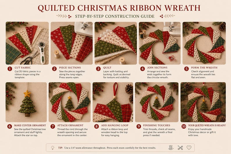 May include: A ten-step instructional guide titled QUILTED CHRISTMAS RIBBON WREATH, featuring photographs of fabric cutting, sewing, and assembly. The process shows red, green, and cream patterned fabric pieces forming a circular wreath with a tree ornament.