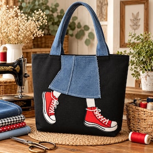 Denim Sneaker Tote Bag Sewing Pattern PDF, Red Sneaker Appliqué Tote Pattern, Upcycled Jeans & Canvas Quilted Bag Pattern