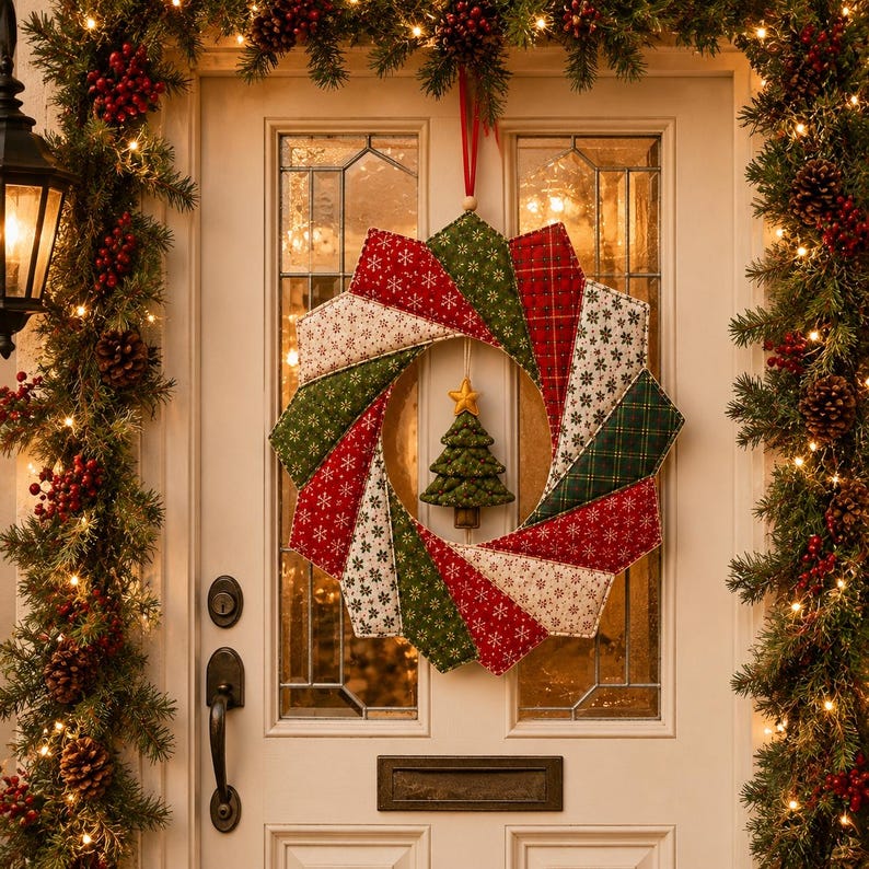 May include: A fabric wreath featuring a starburst pattern of quilted segments in red, green, and cream with snowflake and plaid prints. A small, three-dimensional green fabric Christmas tree with a yellow star topper hangs in the center.
