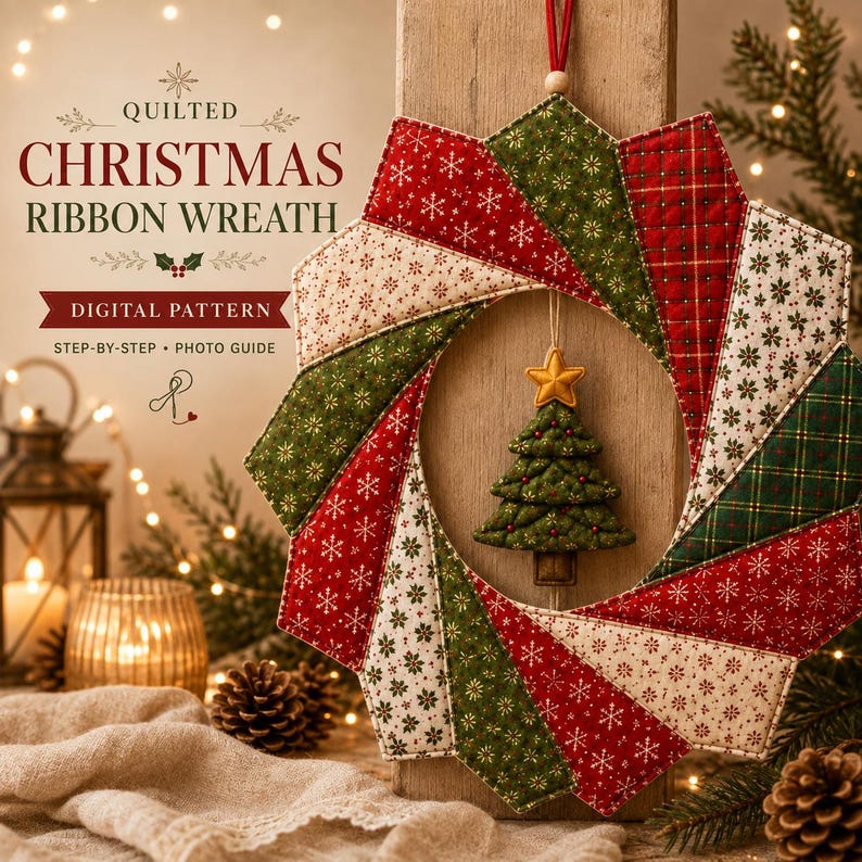 May include: A quilted Christmas ribbon wreath digital pattern featuring red, green, and cream fabric segments with snowflake and plaid prints. A small, stuffed green fabric Christmas tree with a yellow star hangs in the center of the wreath.