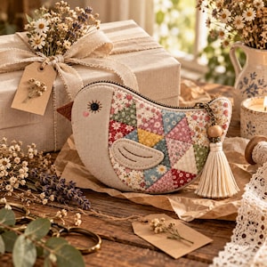 May include: A bird-shaped fabric pouch featuring a patchwork body with floral patterns in shades of pink, blue, yellow, and green. The pouch has a beige face with a stitched eye, a brown beak, and a cream-colored tassel attached to the zipper.