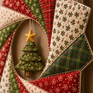 May include: A circular quilted wreath featuring alternating fabric segments in red, green, and cream with snowflake, plaid, and floral patterns. A small, stuffed fabric Christmas tree with a yellow star topper hangs from the center of the wreath.