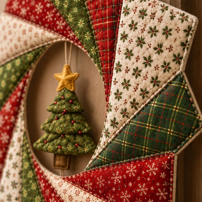 May include: A circular quilted wreath featuring alternating fabric segments in red, green, and cream with snowflake, plaid, and floral patterns. A small, stuffed fabric Christmas tree with a yellow star topper hangs from the center of the wreath.