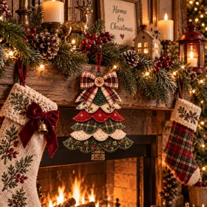 May include: A layered fabric Christmas tree ornament featuring scalloped edges in red, green, and cream patterns, topped with a plaid bow and a small wooden button. The ornament hangs from a red ribbon against a fireplace mantel with stockings.