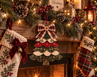 May include: A layered fabric Christmas tree ornament featuring scalloped edges in red, green, and cream patterns, topped with a plaid bow and a small wooden button. The ornament hangs from a red ribbon against a fireplace mantel with stockings.