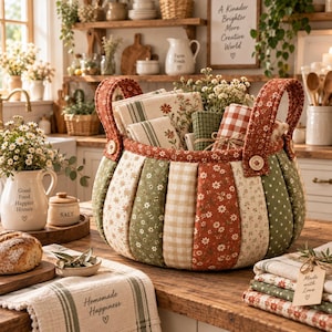 May include: A round fabric basket featuring vertical panels of alternating floral, gingham, and polka dot patterns in shades of sage green, cream, and rust orange. The basket has two sturdy, padded handles attached with wooden buttons.