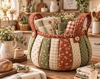 May include: A round fabric basket featuring vertical panels of alternating floral, gingham, and polka dot patterns in shades of sage green, cream, and rust orange. The basket has two sturdy, padded handles attached with wooden buttons.