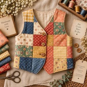 Patchwork Quilt Vest Sewing Pattern PDF, Quilted Patchwork Vest Pattern for Women, Vintage Boho Waistcoat, XS-2XL Digital Download
