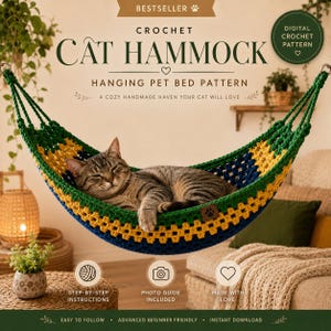 May include: A crochet cat hammock featuring a green, yellow, and blue granny square pattern with a brown paw print tag. The text reads: BESTSELLER, CROCHET CAT HAMMOCK, HANGING PET BED PATTERN, A COZY HANDMADE HAVEN YOUR CAT WILL LOVE, DIGITAL CROCHET PATTERN.