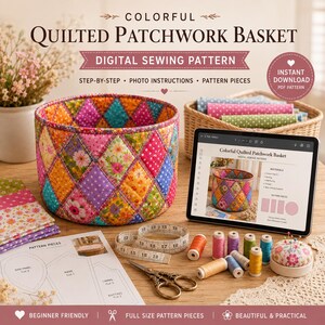 May include: A digital sewing pattern for a colourful quilted patchwork basket, featuring a finished basket with diamond-shaped fabric panels, a tablet displaying instructions, paper pattern pieces, a measuring tape, scissors, thread spools, and a pincushion.