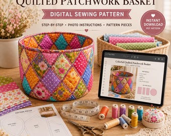 May include: A digital sewing pattern for a colorful quilted patchwork basket, featuring a finished basket with diamond-shaped fabric panels, a tablet displaying instructions, paper pattern pieces, a measuring tape, scissors, thread spools, and a pincushion.