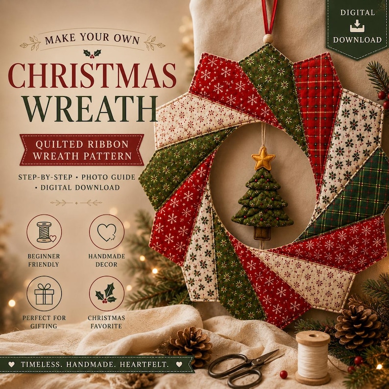 May include: A quilted ribbon Christmas wreath pattern digital download featuring red, green, and cream fabric segments with snowflake and plaid prints. A small green fabric Christmas tree ornament with a gold star hangs in the center of the wreath.