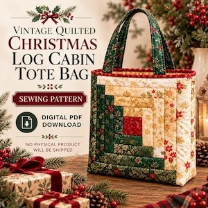 Może przedstawiać: Pikowana torba z wzorem log cabin w odcieniach czerwieni, zieleni i kremu z motywami kwiatowymi i ostrokrzewu. Tekst głosi: VINTAGE QUILTED CHRISTMAS LOG CABIN TOTE BAG, SEWING PATTERN, DIGITAL PDF DOWNLOAD.