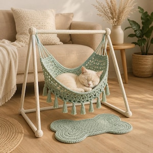 Può includere: Un'amaca per gatti all'uncinetto color verde chiaro sospesa a un supporto a forma di A color crema, con nappe decorative lungo il bordo inferiore. Un gatto dal manto chiaro dorme nell'amaca e un tappetino all'uncinetto a forma di osso.