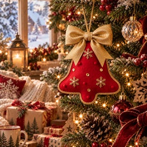 May include: A bell-shaped Christmas tree ornament made of red felt, featuring a gold ribbon bow at the top, gold metallic snowflake embellishments, and small gold sequins. The ornament is suspended by a gold cord against a decorated pine tree.