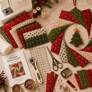 May include: A quilted Christmas ribbon wreath kit featuring red, green, and cream fabric strips with snowflake and plaid patterns. Includes a pattern booklet, rotary cutter, ruler, scissors, sewing needles, thread spools, and a small tree ornament.