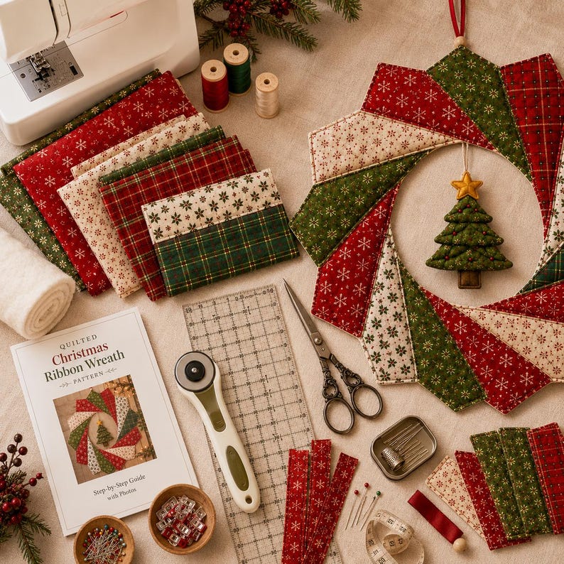 Quilted Christmas Fabric Wreath Pattern PDF | Strip Quilt Ribbon Wreath ...