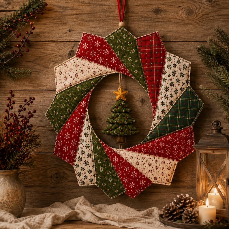 May include: A circular fabric wreath featuring a starburst pattern of quilted segments in red, green, and cream with snowflake and plaid prints. A small, stuffed green fabric Christmas tree with a yellow star topper hangs in the center.