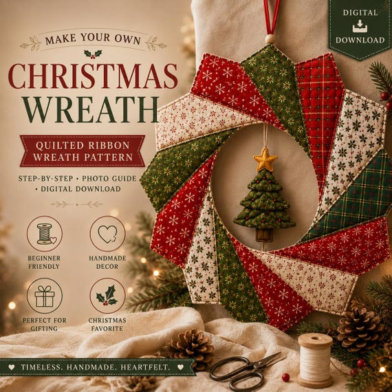 Quilted Christmas Fabric Wreath Pattern PDF | Strip Quilt Ribbon Wreath | Scrappy Patchwork Door Wreath Sewing Pattern Instant Download