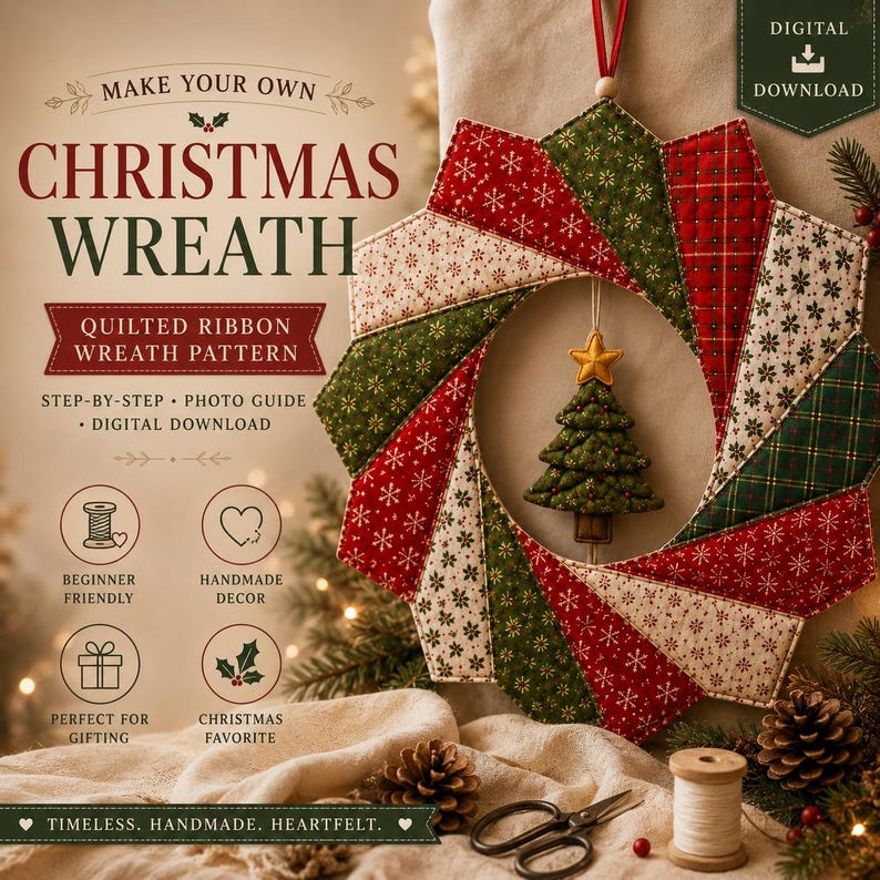 May include: A quilted ribbon Christmas wreath pattern digital download featuring red, green, and cream fabric segments with snowflake and plaid prints. A small green fabric Christmas tree ornament with a gold star hangs in the center of the wreath.