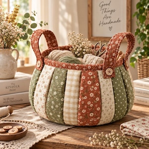 May include: A round fabric storage basket featuring vertical panels in alternating patterns of floral prints, gingham, and polka dots in shades of sage green, cream, and terracotta. The basket has two padded handles secured with wooden buttons.
