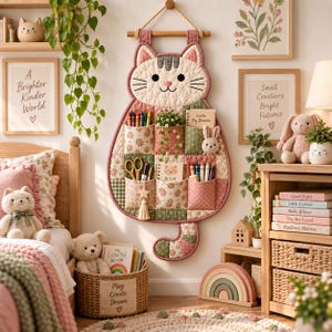 May include: A quilted wall hanging shaped like a cat with multiple pockets in various floral and patterned fabrics. The cat face is cream-colored with embroidered features. The pockets contain art supplies, a small notebook, and a plush toy.