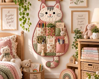 May include: A quilted wall hanging shaped like a cat with multiple pockets in various floral and patterned fabrics. The cat face is cream-colored with embroidered features. The pockets contain art supplies, a small notebook, and a plush toy.