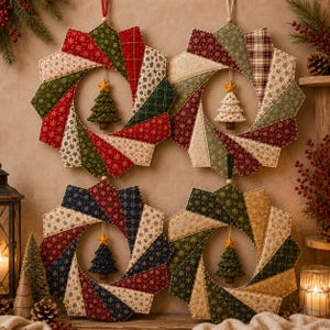 May include: Four circular fabric wreaths featuring a folded star pattern made of quilted panels in red, green, cream, and navy blue with snowflake and plaid prints. Each wreath has a small, stuffed fabric Christmas tree hanging in the center.