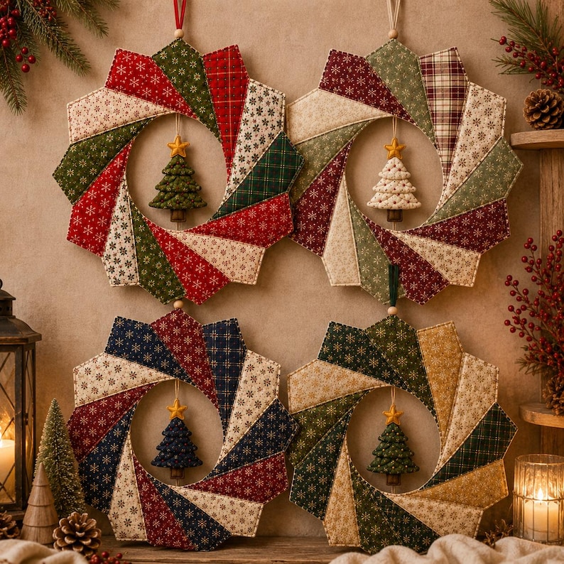 May include: Four circular fabric wreaths featuring a folded star pattern made of quilted panels in red, green, cream, and navy blue with snowflake and plaid prints. Each wreath has a small, stuffed fabric Christmas tree hanging in the center.