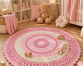 Patrón de alfombra mandala de ganchillo grueso / Rosa, crema, circular para habitación infantil (descarga en PDF)