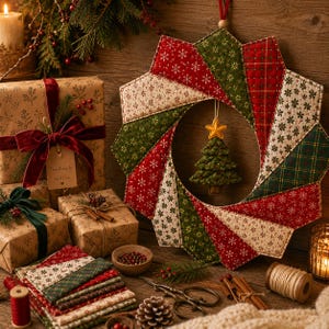May include: A quilted fabric wreath featuring a starburst pattern of red, green, and cream panels with snowflake and plaid prints. A small, stuffed green fabric Christmas tree ornament with a yellow star hangs in the center of the wreath.