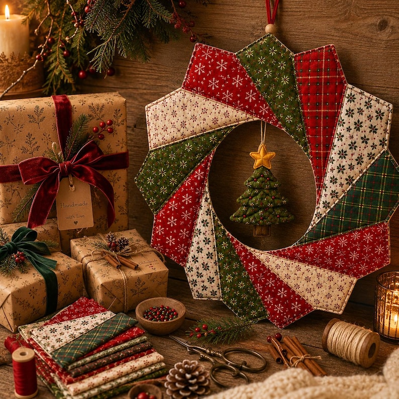 May include: A quilted fabric wreath featuring a starburst pattern of red, green, and cream panels with snowflake and plaid prints. A small, stuffed green fabric Christmas tree ornament with a yellow star hangs in the center of the wreath.