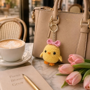 May include: A yellow crocheted chick keyring with a small pink bow, black bead eyes, and orange feet, attached to a beige leather handbag. The chick features a round body and small wings, hanging from a silver-toned metal keyring and chain.