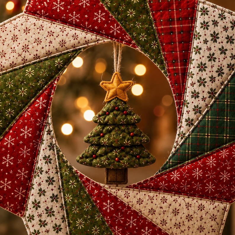 May include: A quilted fabric wreath featuring a radial pattern of red, green, and white panels with snowflake and plaid prints. A small, stuffed fabric Christmas tree ornament with a yellow star topper hangs in the center of the wreath.