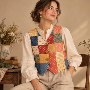 Pode incluir: Um colete sem mangas com um design de patchwork de vários quadrados de tecido em tons de azul, amarelo, vermelho e laranja com padrões florais e xadrez. O colete tem um decote em V, três botões castanhos na frente e uma textura acolchoada.